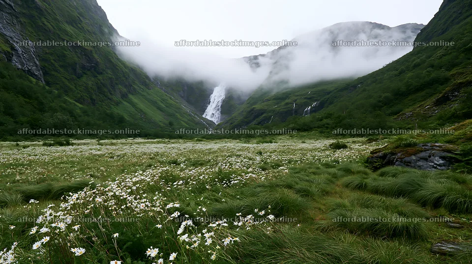 Misty waterfall in mountain meadow with wildflowers – stock images 10608x5938