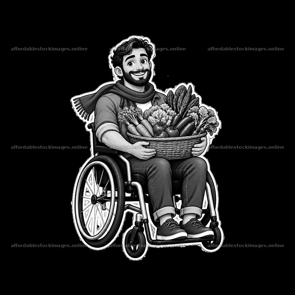Man in wheelchair holding basket of vegetables – stock images 7746x7746