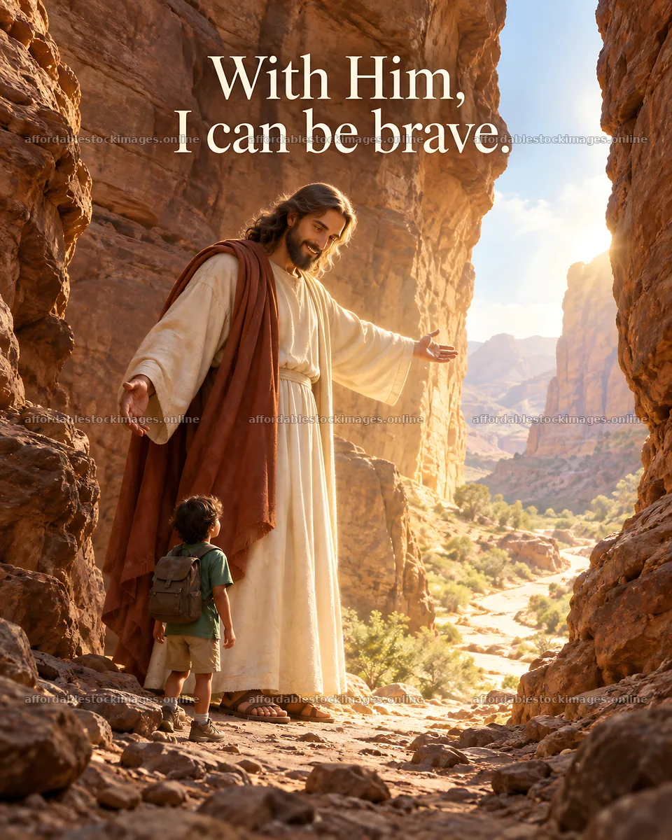 Jesus Christ welcoming a child in a canyon – stock images 6930x8659