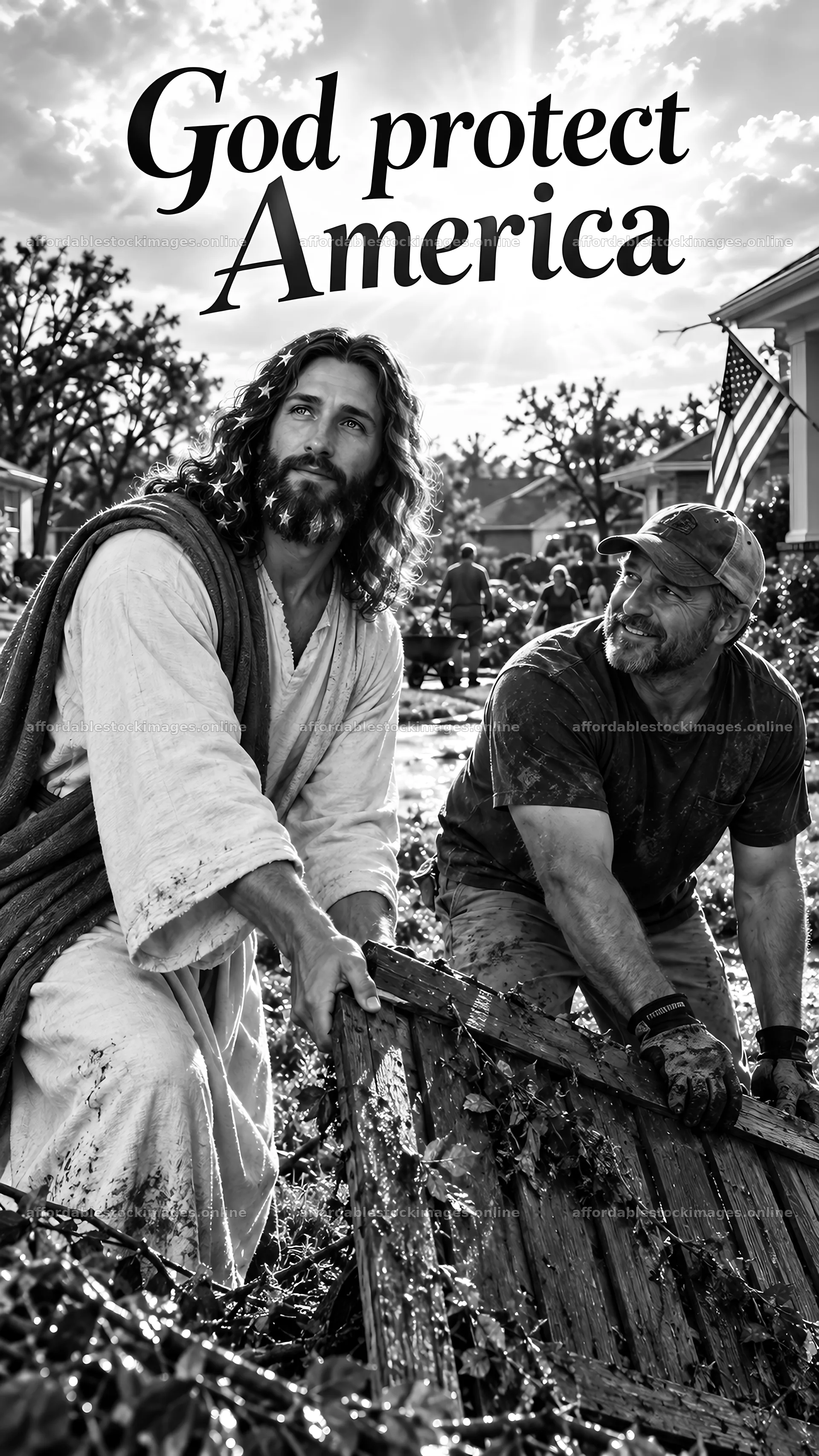 Jesus Christ helping a man in a community service setting – stock images 5811x10326