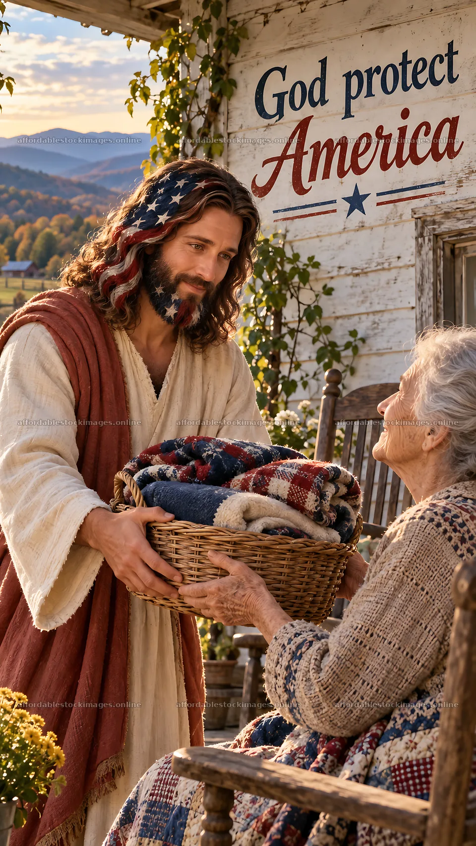 Jesus Christ sharing warmth with an elderly woman – stock images 5811x10326