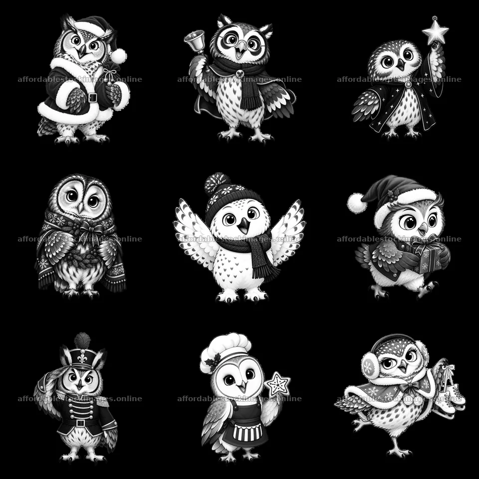 Christmas owls in various festive outfits and poses – stock images 7746x7746