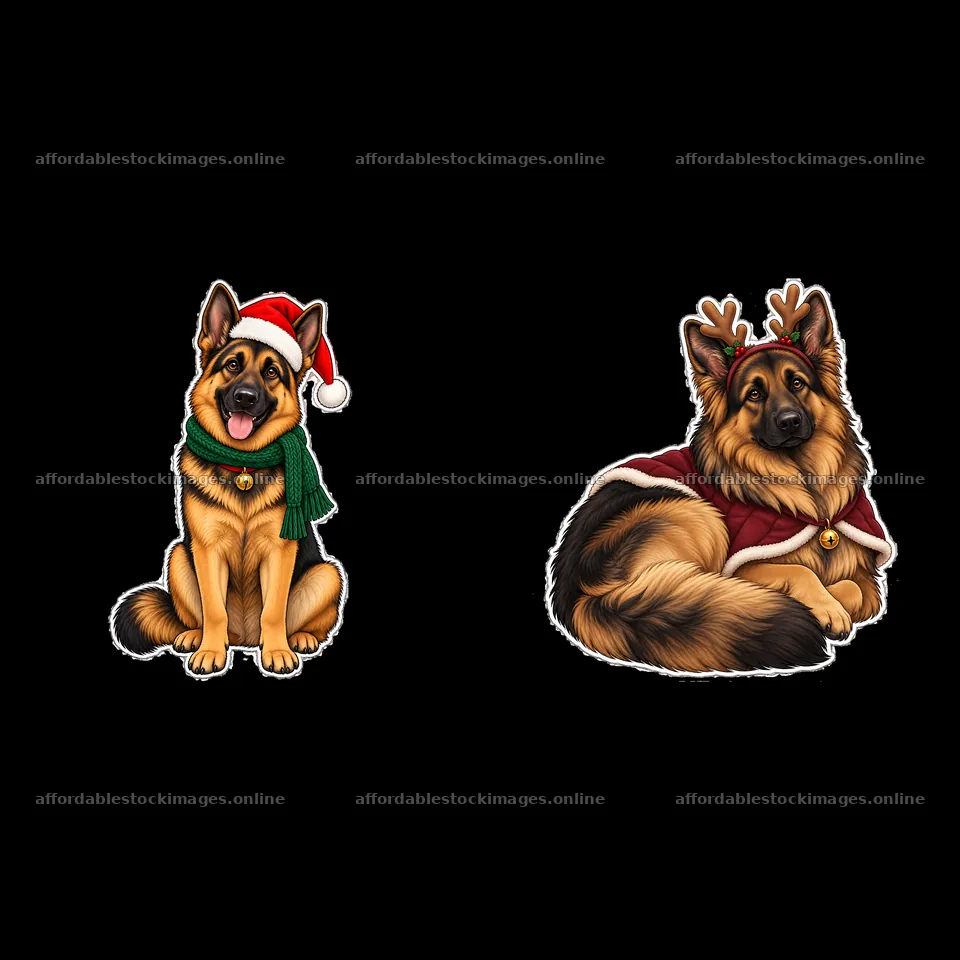 Christmas German Shepherds wearing festive hats and scarves – stock images 7746x7746