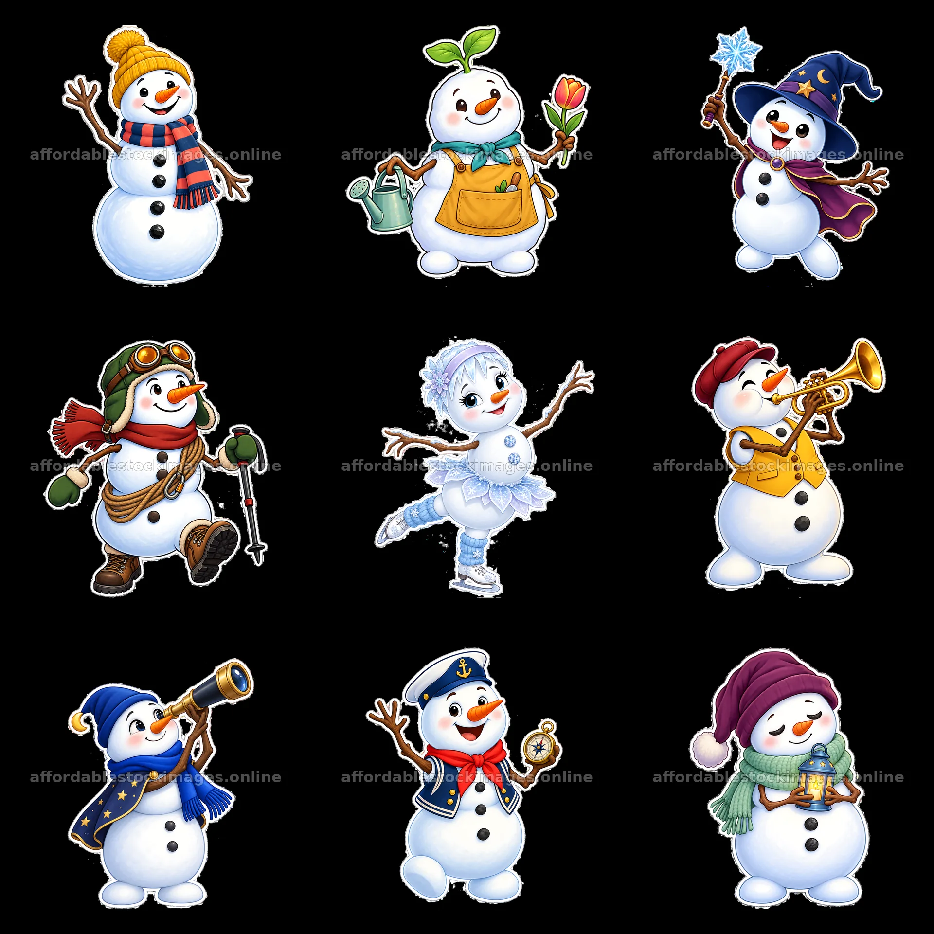 Snowman characters in different festive activities and outfits – stock images 7746x7746