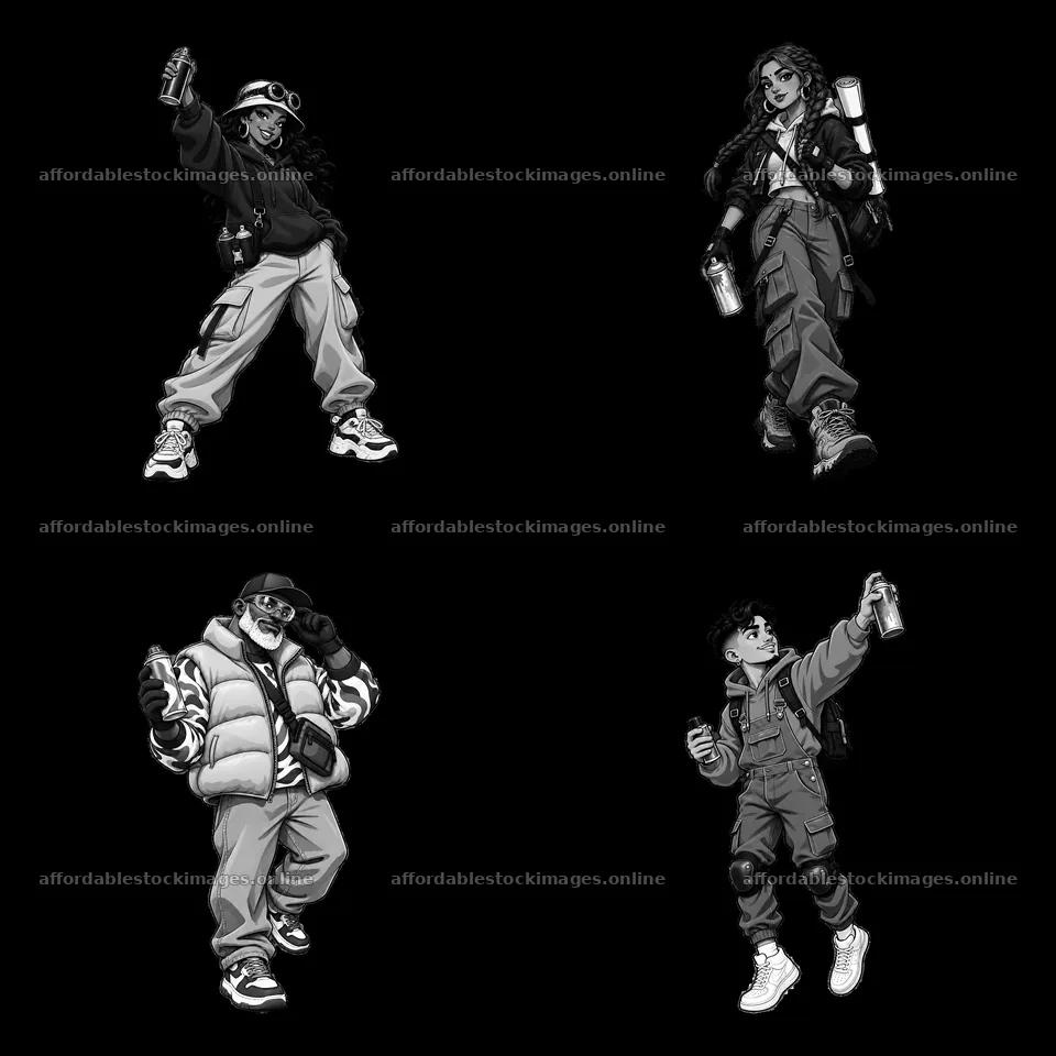 Cartoon graffiti sprayers in streetwear with spray paint cans – stock images 7746x7746