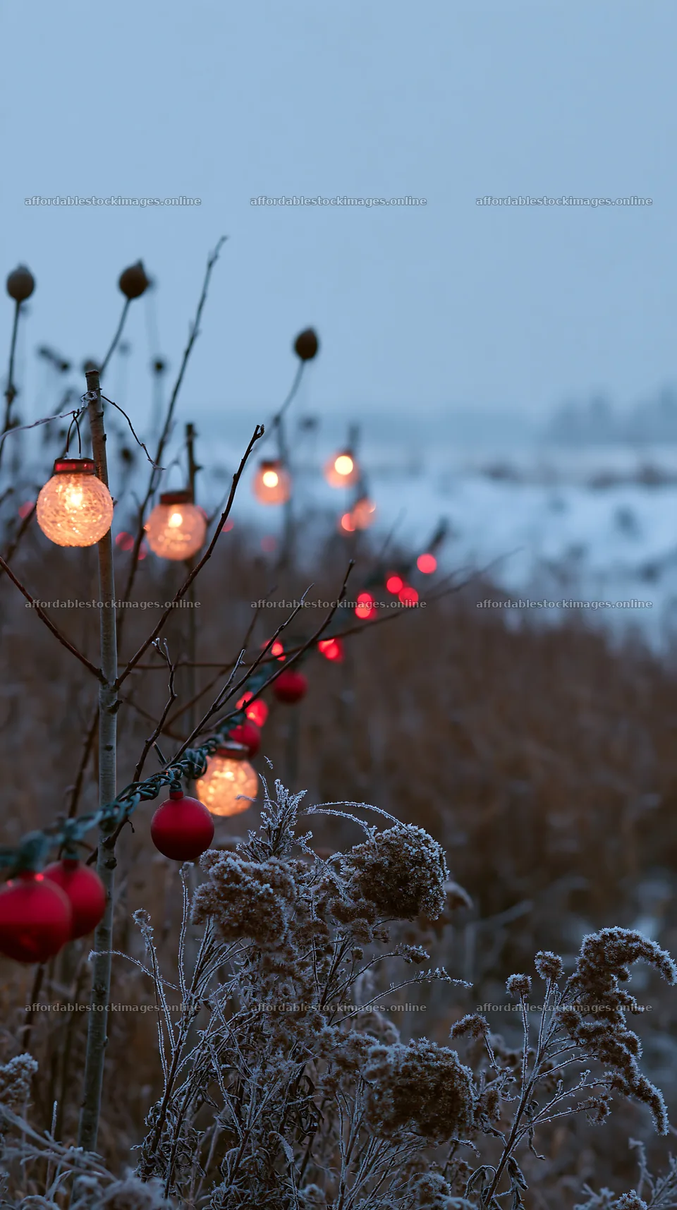 Vast Christmas meadow with frost, seedheads, and lanterns – stock images 5938x10608