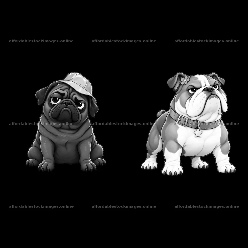 Kawaii grumpy dog duo with accessories in monochrome style – stock images 7746x7746