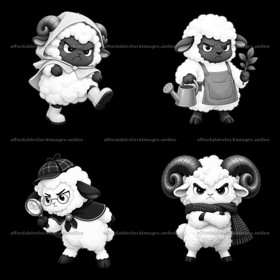 Kawaii grumpy sheep cartoon sticker set in monochrome design – stock images 7746x7746
