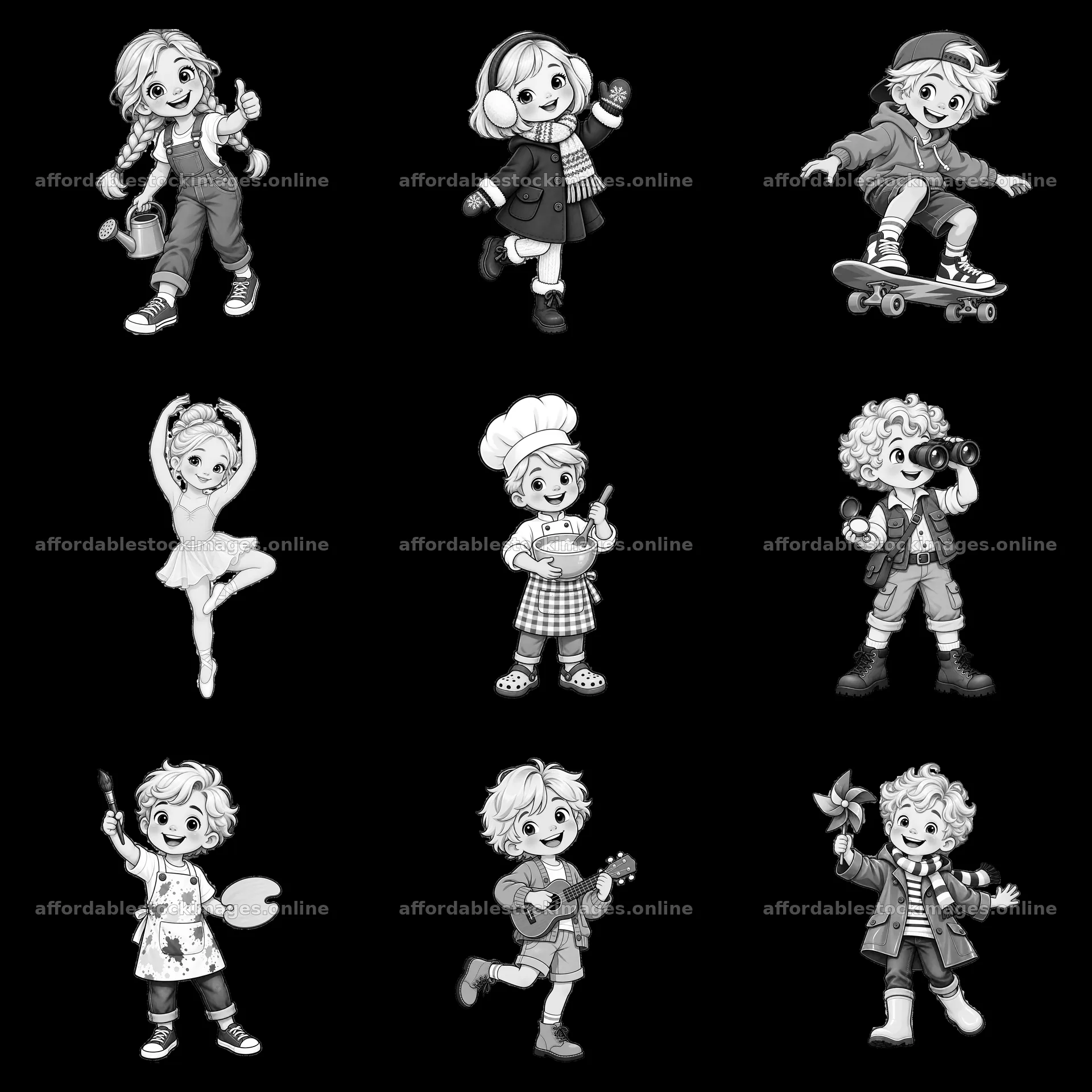 Blond children engaging in various activities in monochrome – stock images 7746x7746