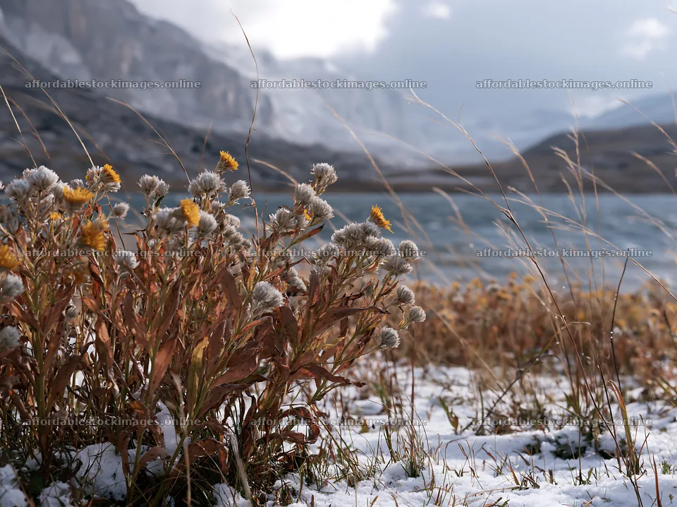 Lakeside meadow after first snowfall with dry flowers and snow – stock images 9174x6866