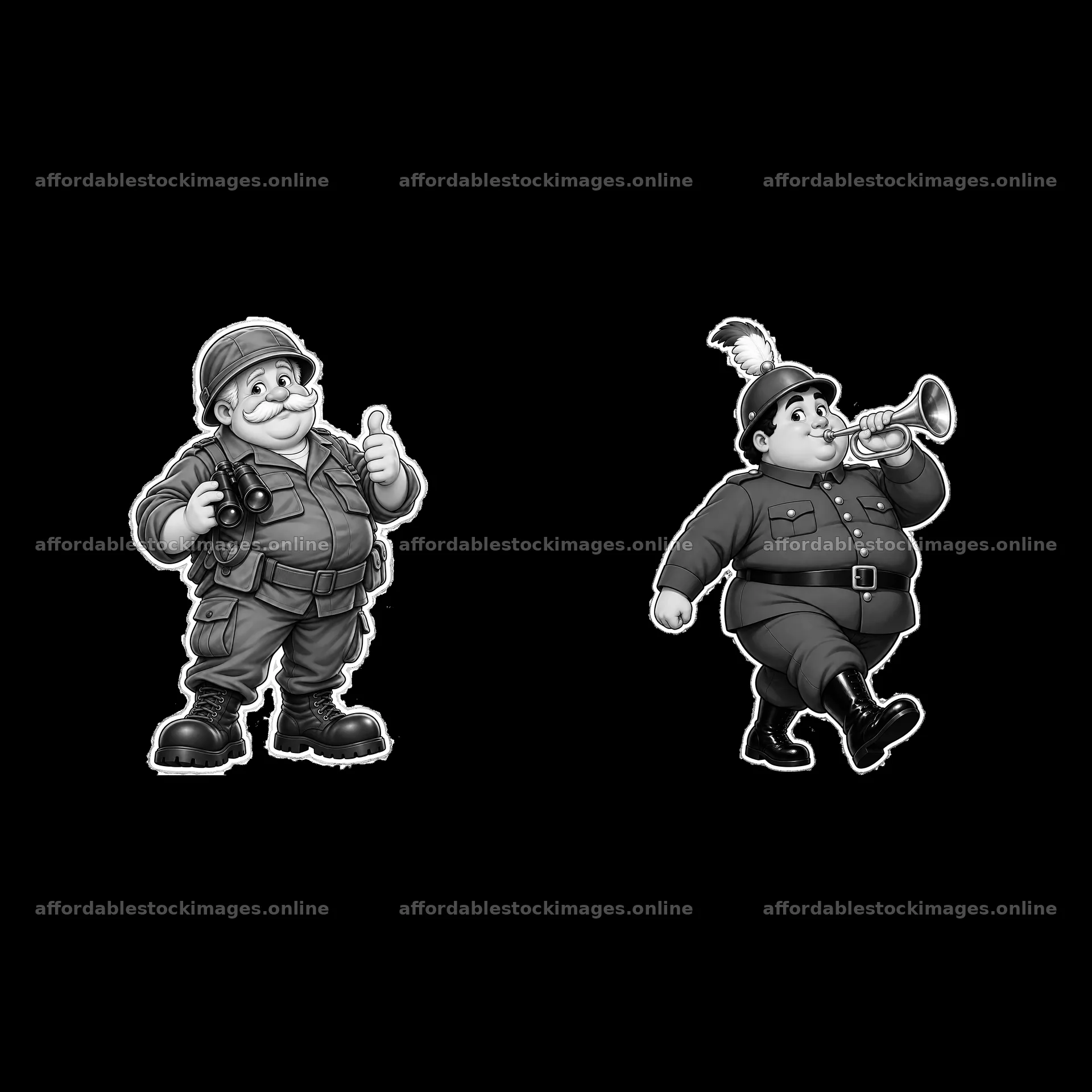 Cute ultra-chubby cartoon soldier pair with accessories – stock images 7746x7746