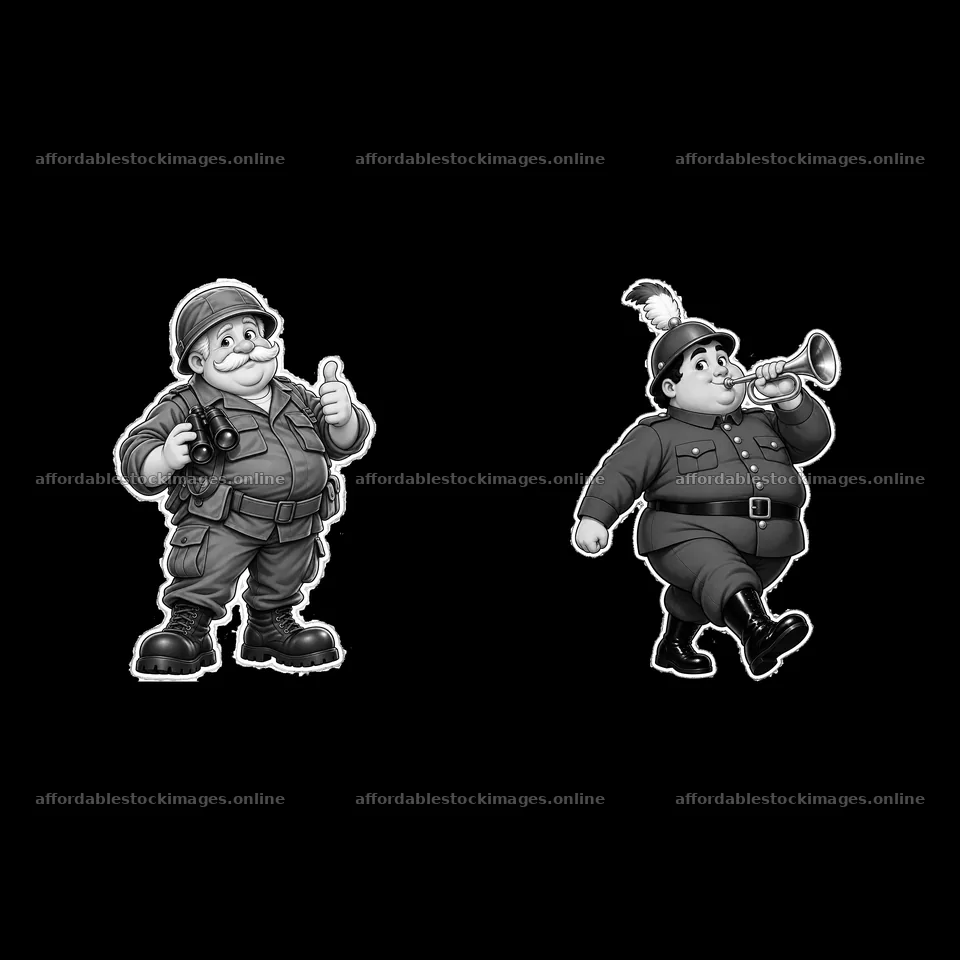 Cute ultra-chubby cartoon soldier pair with accessories – stock images 7746x7746
