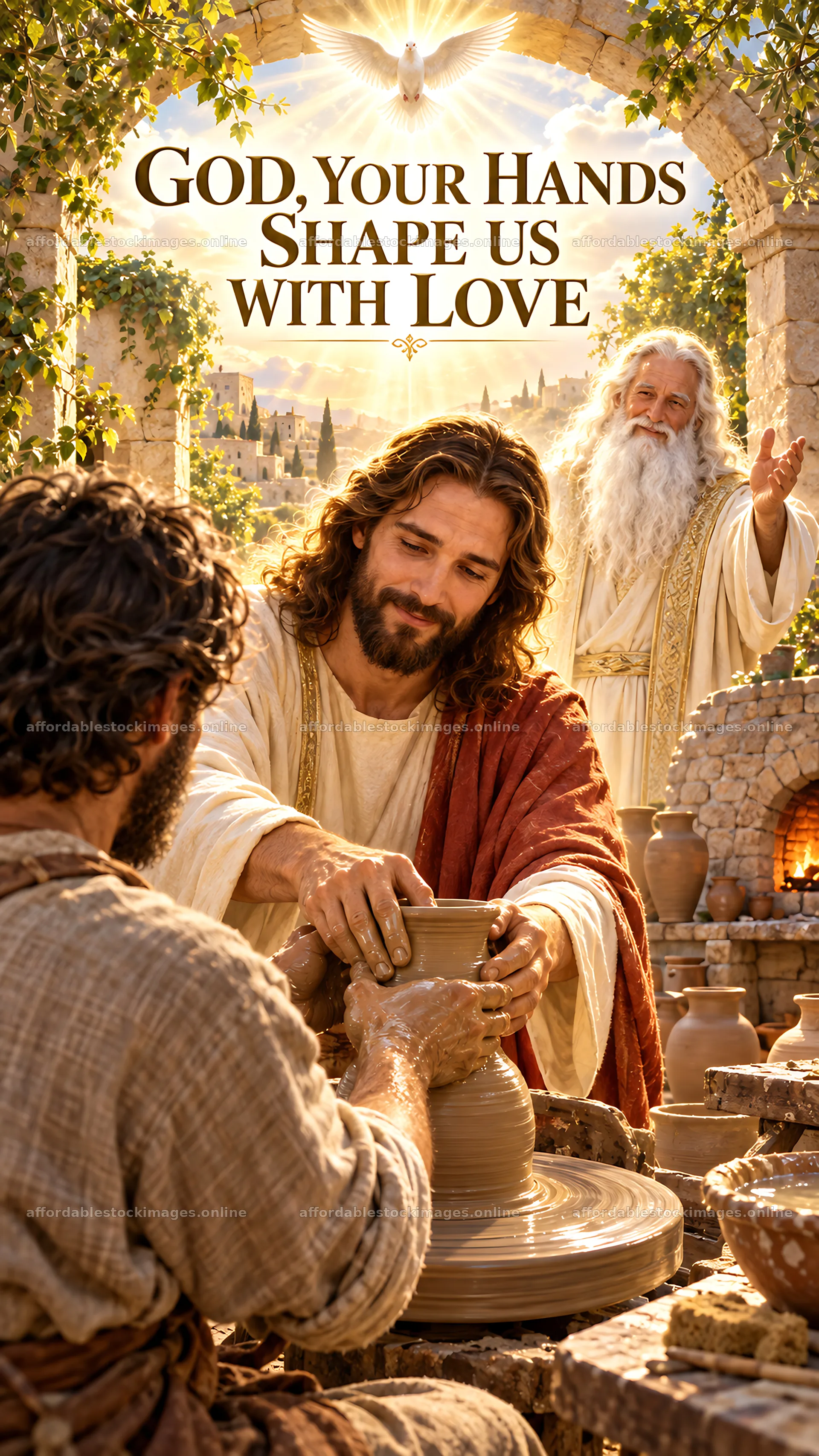 Jesus Christ shaping clay with loving guidance – stock images 5811x10326
