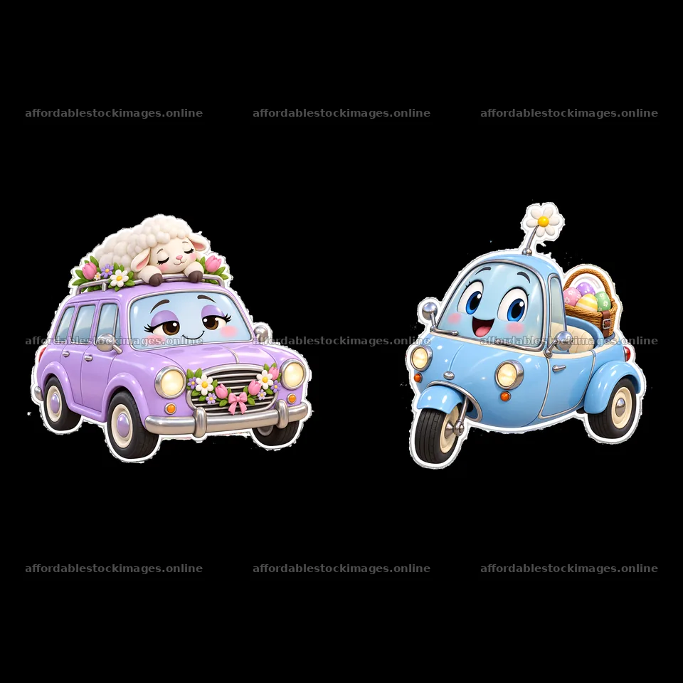 Easter themed cartoon cars with sheep and eggs – stock images 7746x7746