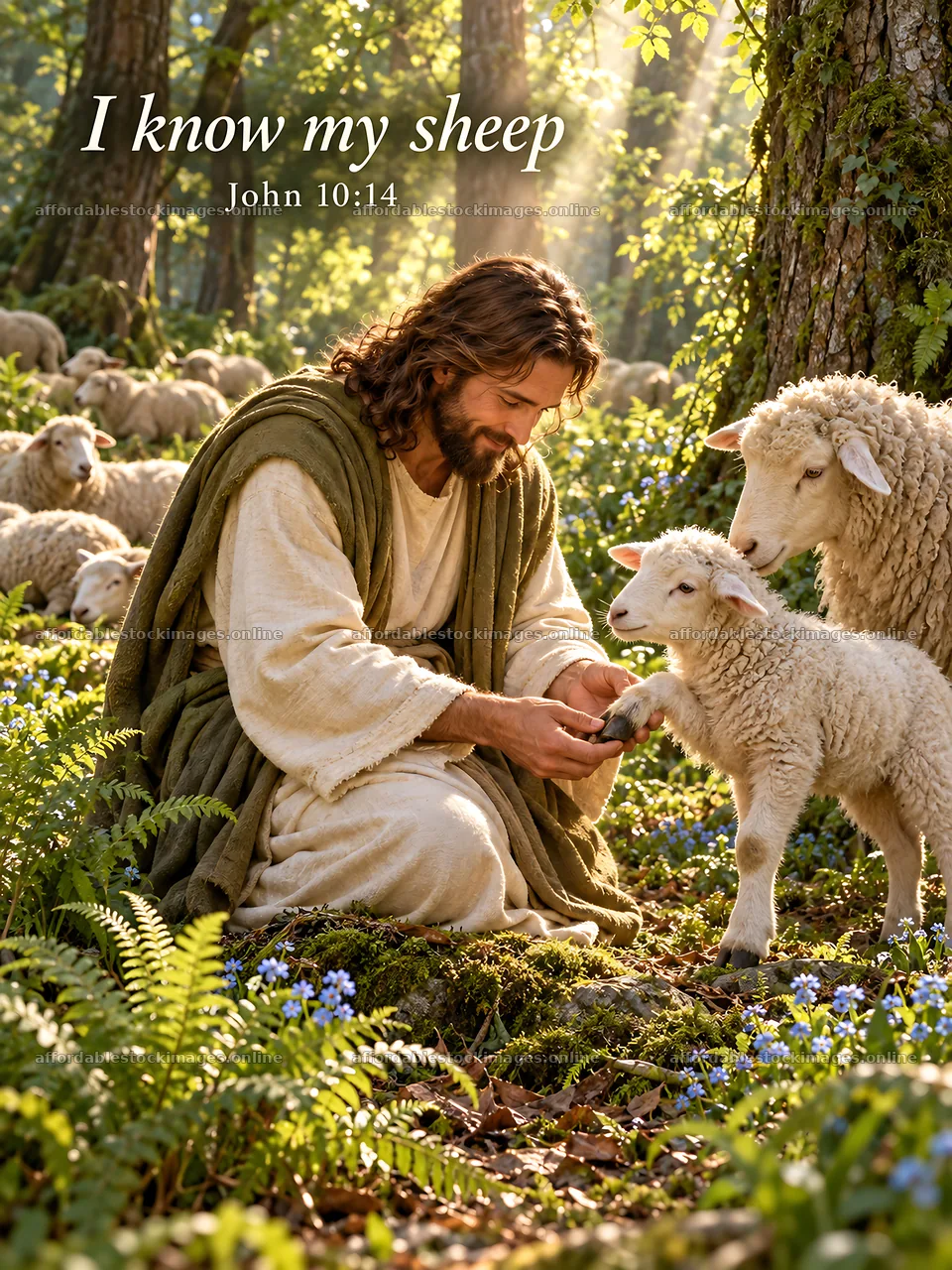 Jesus Christ caring for sheep in a forest setting – stock images 6708x8945